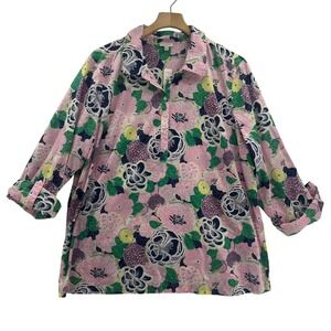 Talbots Womens XL Pink Floral Tunic Shirt Long Sleeve Button Up Cotton